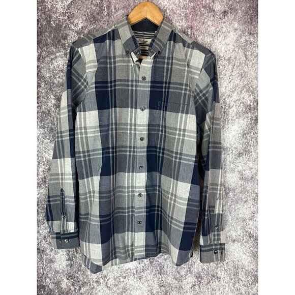 Van Heusen Originals Slim Fit Blue Gray Plaid button Down Dress Shirt Mens M - Picture 1 of 11